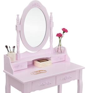 Set Julieta, Masă de toaletă cu oglindă, 4 sertare, scaun, Roz