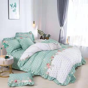 Lenjerie de pat, 2 persoane, finet, 6 piese, verde si alb, cu buline, LF60