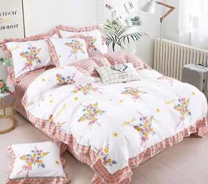 Lenjerie de pat, 2 persoane, finet, 6 piese, alb si bej, cu buchetele de flori, LF65