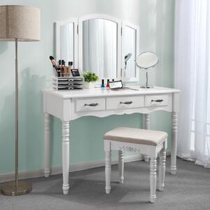 SEA222 - Set Masa toaleta cosmetica machiaj oglinda masuta vanity, scaunel, taburet tapitat - Alba