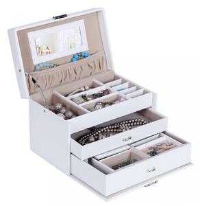 CJA205 - Cutie cutiuta, caseta bijuterii cu oglinda, depozitare, imitatie piele - Alb