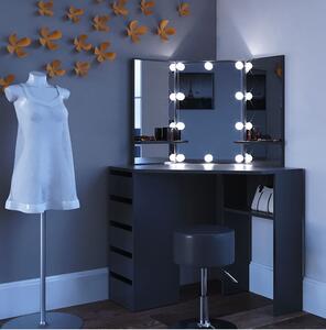 SEN223 - Set Masa neagra toaleta pentru colt, 110 cm, cosmetica machiaj oglinda masuta vanity pe colt cu sau fara LED, cu sau fara Scaun