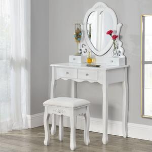 SEA268 - Set Masa alba toaleta 75 cm cosmetica machiaj, oglinda in forma de inima, masuta vanity, scaun tapitat