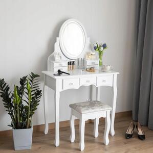 SEA530 - Set Masa toaleta, 80 cm, cosmetica machiaj, masuta cu oglinda cu LED si scaunel, taburet tapitat - Alb