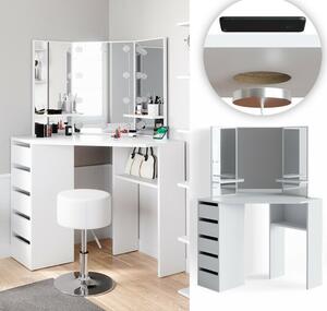 SEA353 - Set Masa alba toaleta cosmetica machiaj oglinda cu LED, masuta vanity pe colt cu incarcare Qi