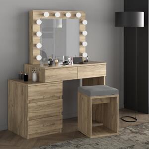 SEM510 - Set Masa toaleta, 112 cm, cosmetica machiaj oglinda masuta vanity, oglinda cu LED-uri cu sau fara scaun - Culoare Stejar