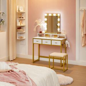 SEA356 - Set Masa toaleta, 90 cm, cosmetica machiaj cu oglinda cu LED si scaun, masuta vanity - Alb-Auriu