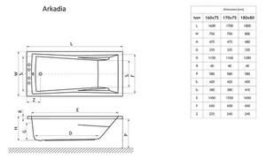 Cadă de baie rectangulară Radaway Arkadia 180x80x48 cm acril alb WA1-27-180x080U