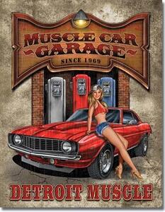 Placă metalică LEGENDS - muscle car garage, (32 x 41 cm)