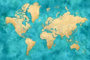 Harta Detailed world map with cities in gold and teal watercolor, Lexy, Blursbyai