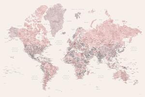 Harta Detailed watercolor world map in dusty pink and cream, Madelia, Blursbyai
