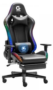 Scaun gaming, sistem iluminare bandă LED RGB, boxe bluetooth, masaj în perna lombara, funcție șezlong, 90-180 grade, suport picioare, SIG GS 024, Negru