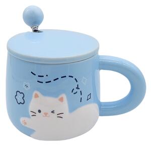 Cana cu capac din ceramica si lingurita Pufo Happy Kitty pentru cafea sau ceai, 350 ml, albastru