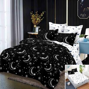 Lenjerie de pat, 2 persoane, finet, 6 piese, cu elastic, negru si alb, cu luna si stele, LEL284