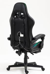 Scaun gaming, sistem iluminare bandă LED RGB, masaj în perna lombară, suport picioare, Negru