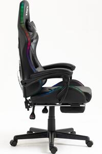 Scaun gaming, sistem iluminare bandă LED RGB, masaj în perna lombară, suport picioare, Negru