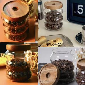 Recipient din sticla borosilicata Pufo Spicey pentru zahar, cafea, ceai sau condimente, cu capac din lemn, 600 ml