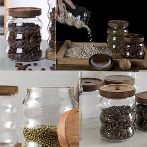 Recipient din sticla borosilicata Pufo Spicey pentru zahar, cafea, ceai sau condimente, cu capac din lemn, 600 ml