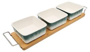 Set 3 recipiente din Ceramica pentru aperitive cu suport din Bambus, Alb si Verde