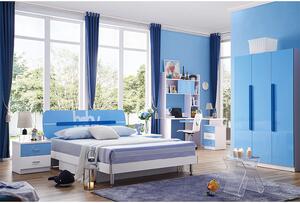 Set mobilier Blue din MDF pentru camera copii 4 piese: pat 120 190cm cu 2 sertare depozitare, noptiera, dulap 3 usi, birou - cod 8862