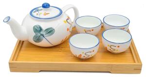 Set Ceainic cu 4 Cupe din Portelan si tava din Bambus