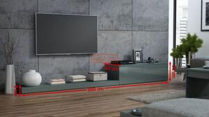 Comoda TV living Life, alb/gri lucios, 300x42x35 cm