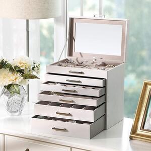 Cutie pentru bijuterii cu 6 niveluri, 5 sertare, oglinda, Alb