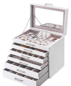 Cutie pentru bijuterii cu 6 niveluri, 5 sertare, oglinda, Alb