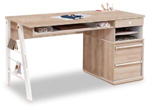 Masa de birou din pal si metal, cu 3 sertare, pentru tineret, Duo Natur / Alb, l141xA64xH76 cm