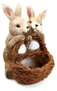 Decoratiune gradina, ceramica, 2 iepuri cu cos, 27x27x38 cm
