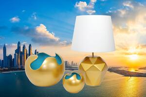Set 1 Lampa cu 2 Vaze WAVES, ceramica, auriu albastru, 23 27 22.5 cm