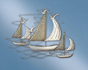 Decoratiune de perete 3 sailing ships, metal, argintiu auriu 71x52x2 cm