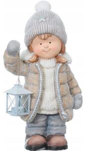 Decoratiune iarna, ceramica, fata cu felinar, nuante gri, 47 cm