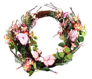 Decoratiune Craciun, coroana cu flori roz, 55 cm
