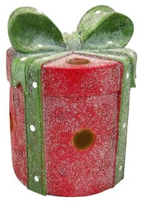Decoratiune Craciun, cadou cu fundita, rotund, rosu si verde, LED, 3xAA, 23.5x23.5x29 cm