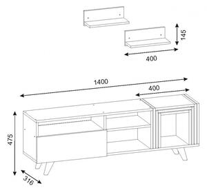 Resigilat:Set comoda tv cu masute si rafturi Lena Homs, 140 x 47.5 x 31.6 cm, alb/stejar