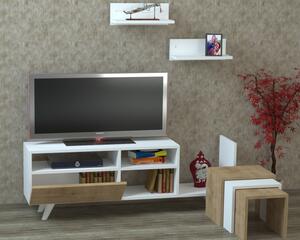 Set comoda tv cu masute si rafturi Lena Homs, 140 x 47.5 x 31.6 cm, alb/stejar