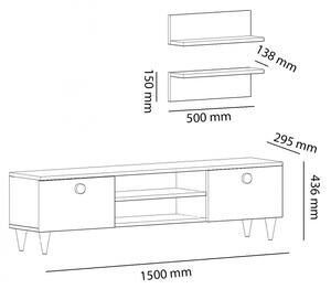 Set comoda tv si 2 rafturi suspendate Gloria Homs, 150 x 43.6 x 29.5 cm, gri/stejar
