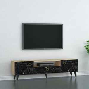 Resigilat:Comoda tv cu spatiu media Marble Homs, 150 x 45 x 31.3 cm, negru/stejar
