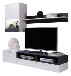 Set mobila Living camera de zi ,design modern, alb pin inchis ,175 cm lungime,vitrina sticla, Bortis