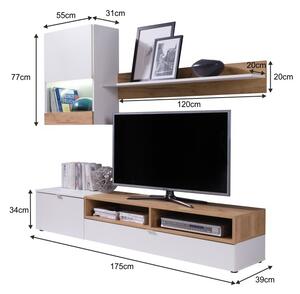 Set mobila Living camera de zi ,design modern, alb stejar auriu ,175 cm lungime,vitrina sticla, Bortis