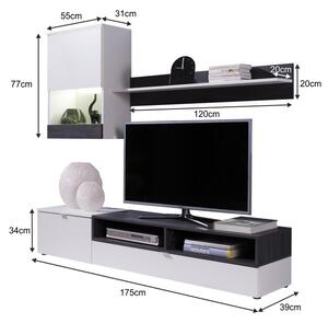 Set mobila Living camera de zi ,design modern, alb pin inchis ,175 cm lungime,vitrina sticla, Bortis