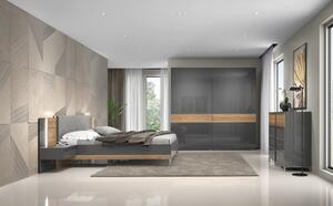 Set Mobila Dormitor din pal si stofa, cu LED inclus, cu pat 200 x 160 cm, 6 piese Onyx Antracit / Nuc Pacific