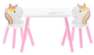Set mobilier copii, model ponei si curcubeu, alb-roz, lemn + MDF, 55x55x43 cm, Chomik