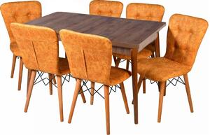 Set masa extensibila cu 6 scaune tapitate Homs cristal nuc-mustar 170 x 80 cm