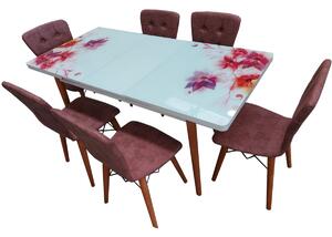 Set masa extensibila picioare lemn, blat sticla securizata +6 scaune tapitate Fusion Homs roz-multicolor 80x 170 cm