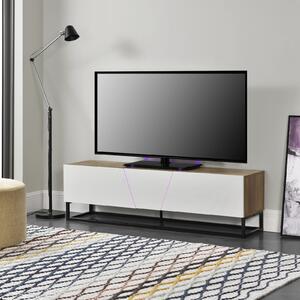 Comoda TV cu LED-15 culori , 140 x 35 x 41 cm, MDF metal, cu 2 dulapuri, culoarea lemnului, alb lucios, negru,Bortis Impex