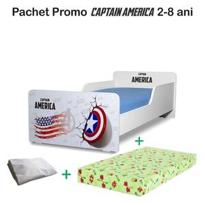Pat copii Captain America 2-8 ani + saltea 140x70x12 cm + husa impermeabila - PC-PCH-PRO-STR-CPT-70