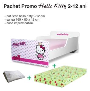 Pat copii Hello Kitty 2-12 ani + saltea 160x80x12 cm + husa impermeabila - PC-PCH-PRO-STR-HKT-80