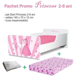 Pat copii Princess Pony 2-8 ani + saltea 140x70x12 cm + husa impermeabila - PC-PCH-PRO-STR-PRP-70